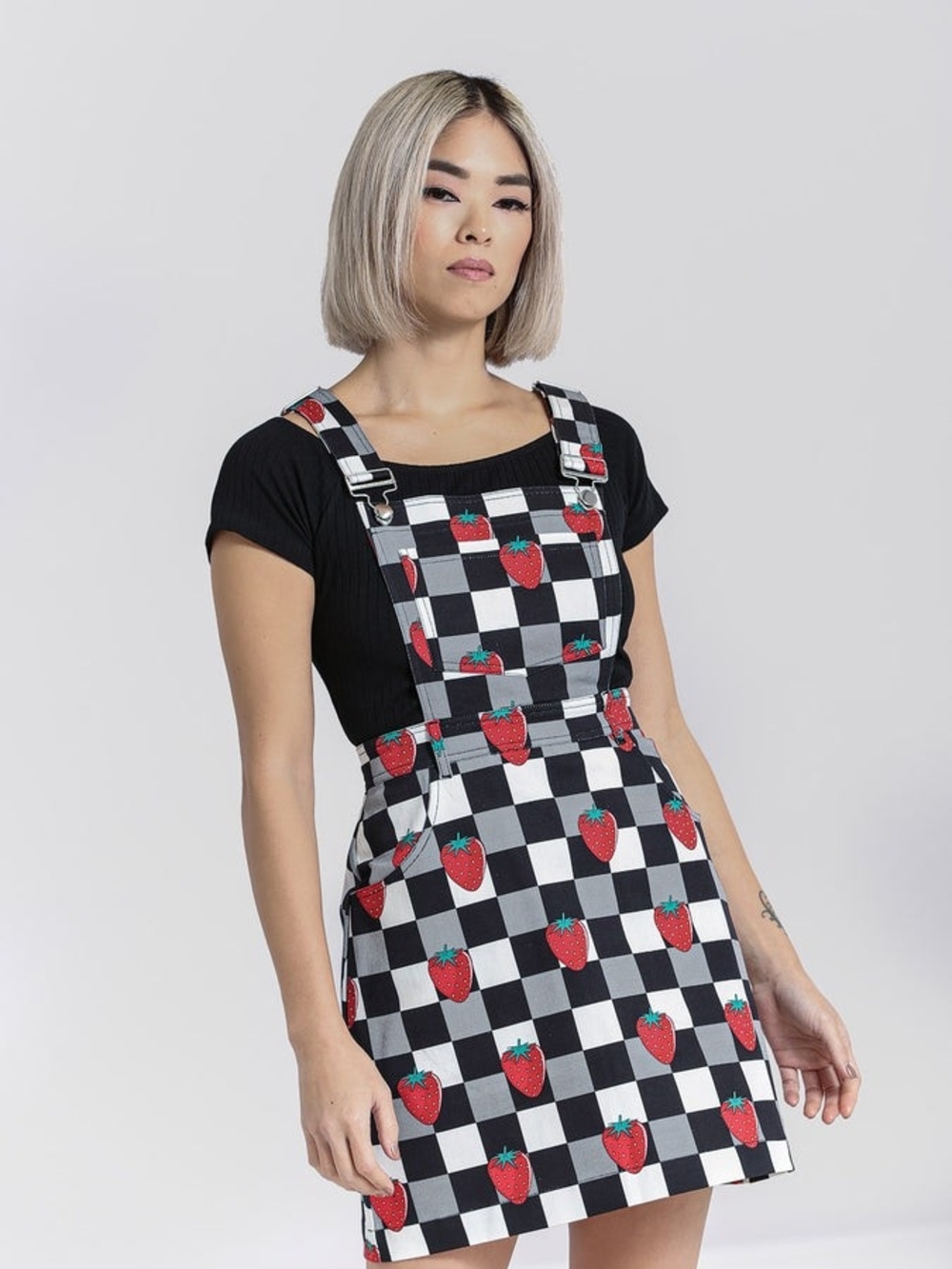 Hell Bunny Black & White Check Strawberry Denim Overall Skirt